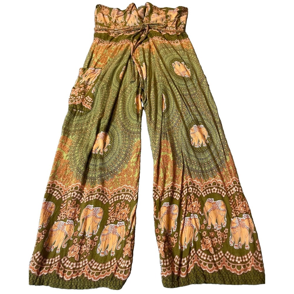 Mandala Thai Fishermans Pants S/M Green Orange Elephants Wide Leg Pleated Front